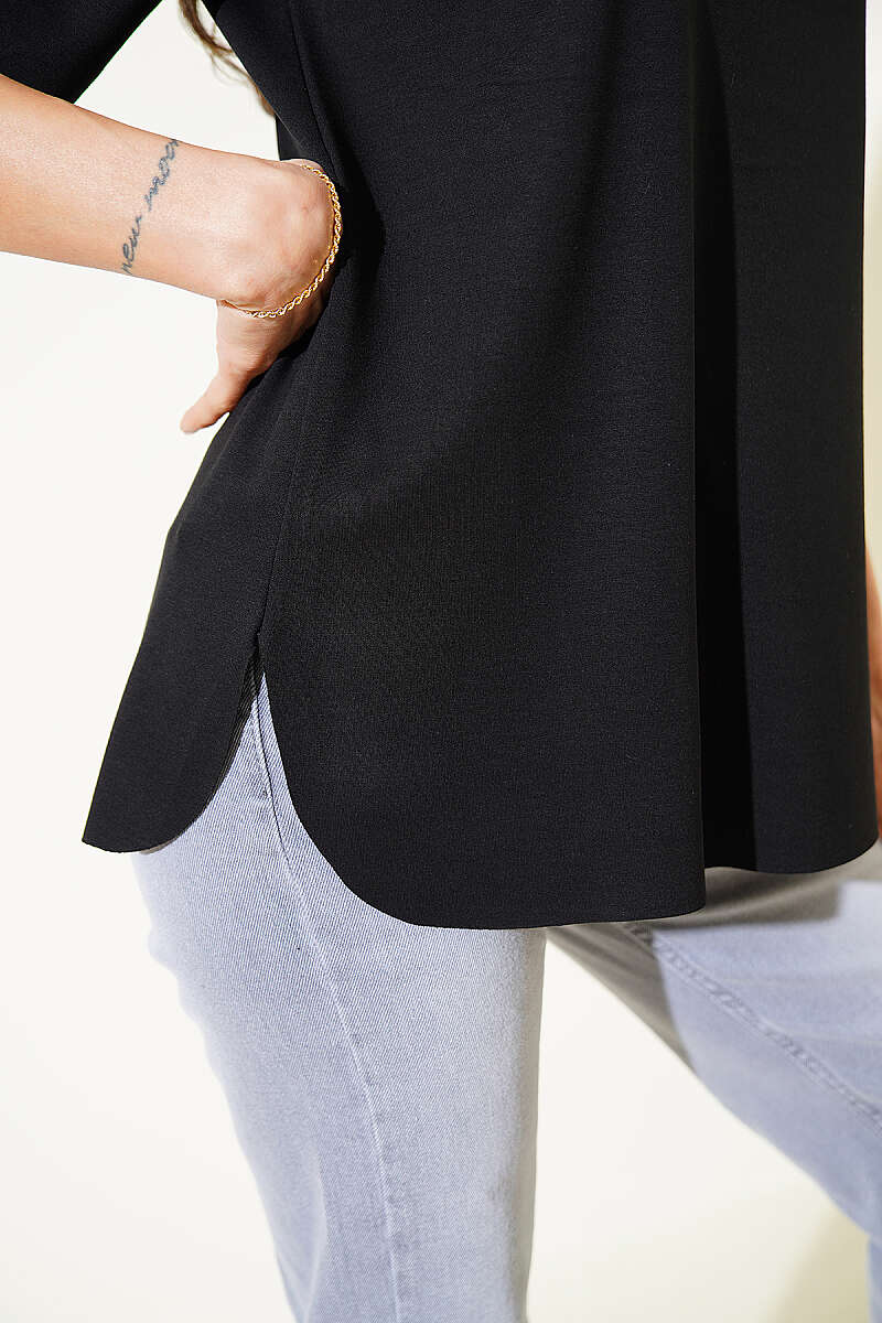 Lazer Kesimli Basic T-shirt Siyah