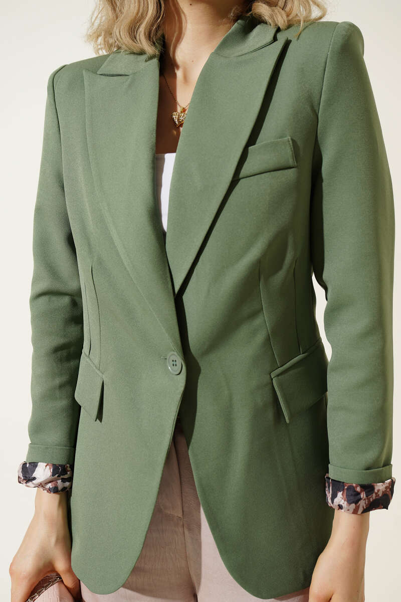 Leopar Astarlı Tek Düğme Blazer Ceket Çağla Yeşili