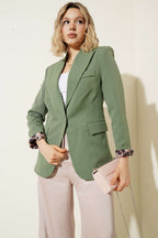 Leopar Astarlı Tek Düğme Blazer Ceket Çağla Yeşili