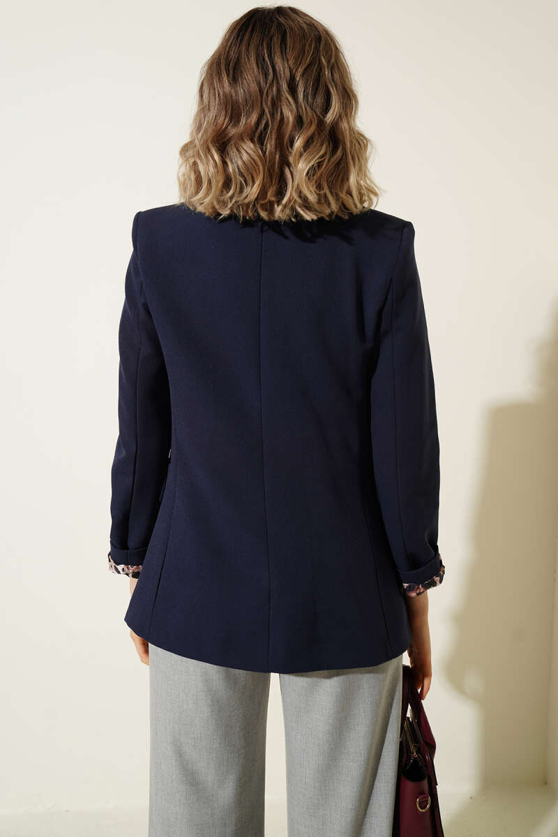 Leopar Astarlı Tek Düğme Blazer Ceket Lacivert