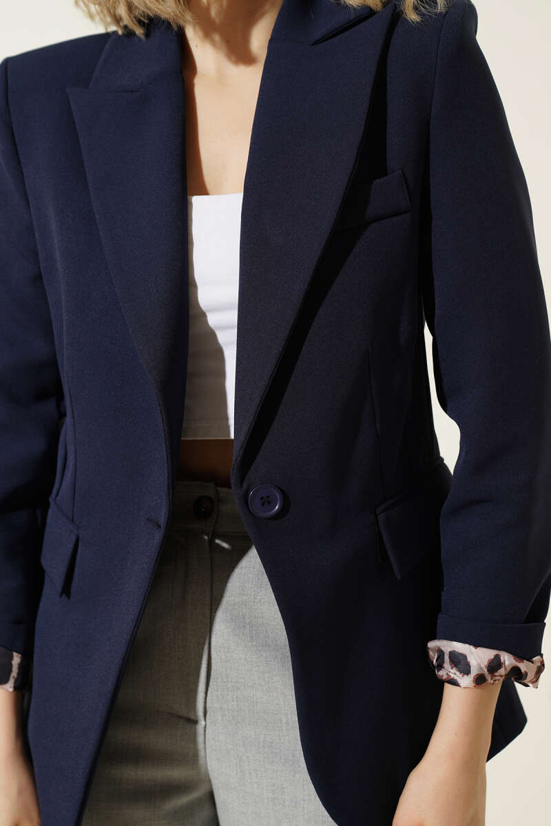 Leopar Astarlı Tek Düğme Blazer Ceket Lacivert