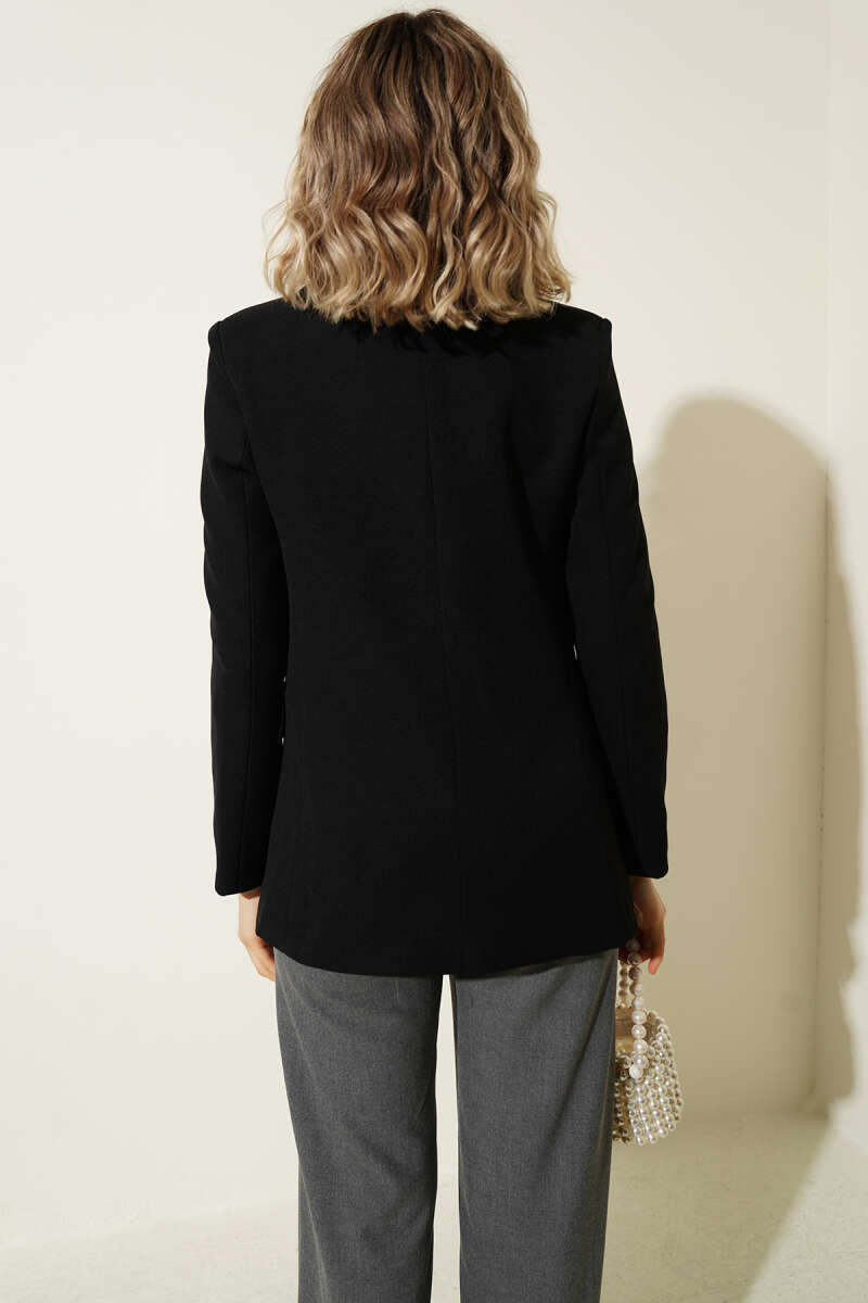 Leopar Astarlı Tek Düğme Blazer Ceket Siyah