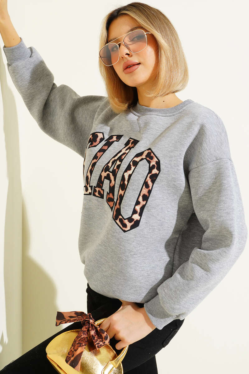 Leopar Baskılı Üç İplik Sweatshirt Gri