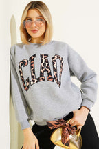 Leopar Baskılı Üç İplik Sweatshirt Gri