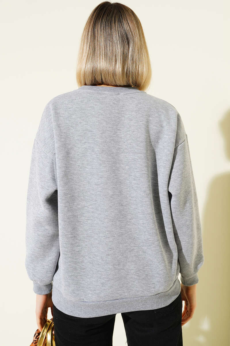 Leopar Baskılı Üç İplik Sweatshirt Gri