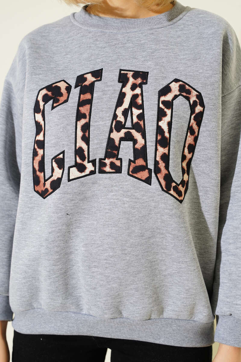 Leopar Baskılı Üç İplik Sweatshirt Gri