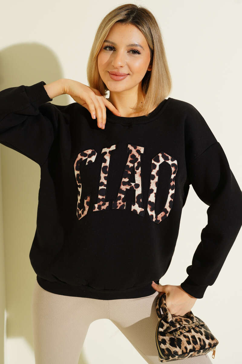 Leopar Baskılı Üç İplik Sweatshirt Siyah