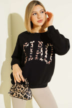 Leopar Baskılı Üç İplik Sweatshirt Siyah