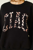 Leopar Baskılı Üç İplik Sweatshirt Siyah