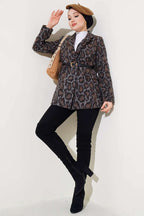 Leopar Desen Kemerli Blazer Ceket