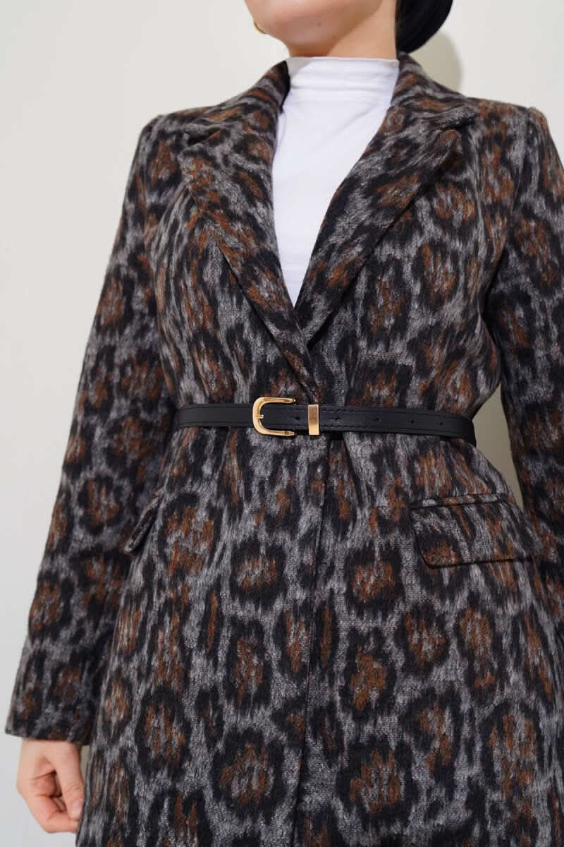 Leopar Desen Kemerli Blazer Ceket
