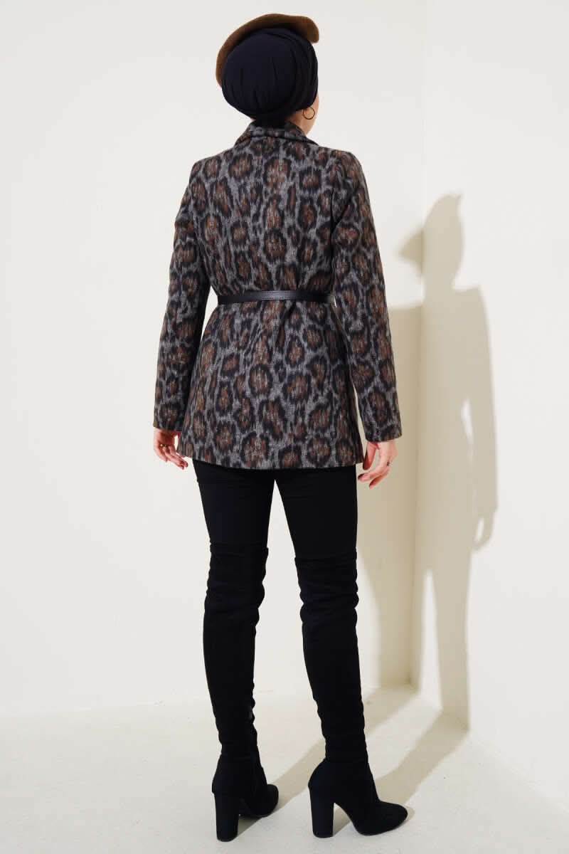 Leopar Desen Kemerli Blazer Ceket