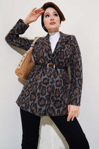 Leopar Desen Kemerli Blazer Ceket
