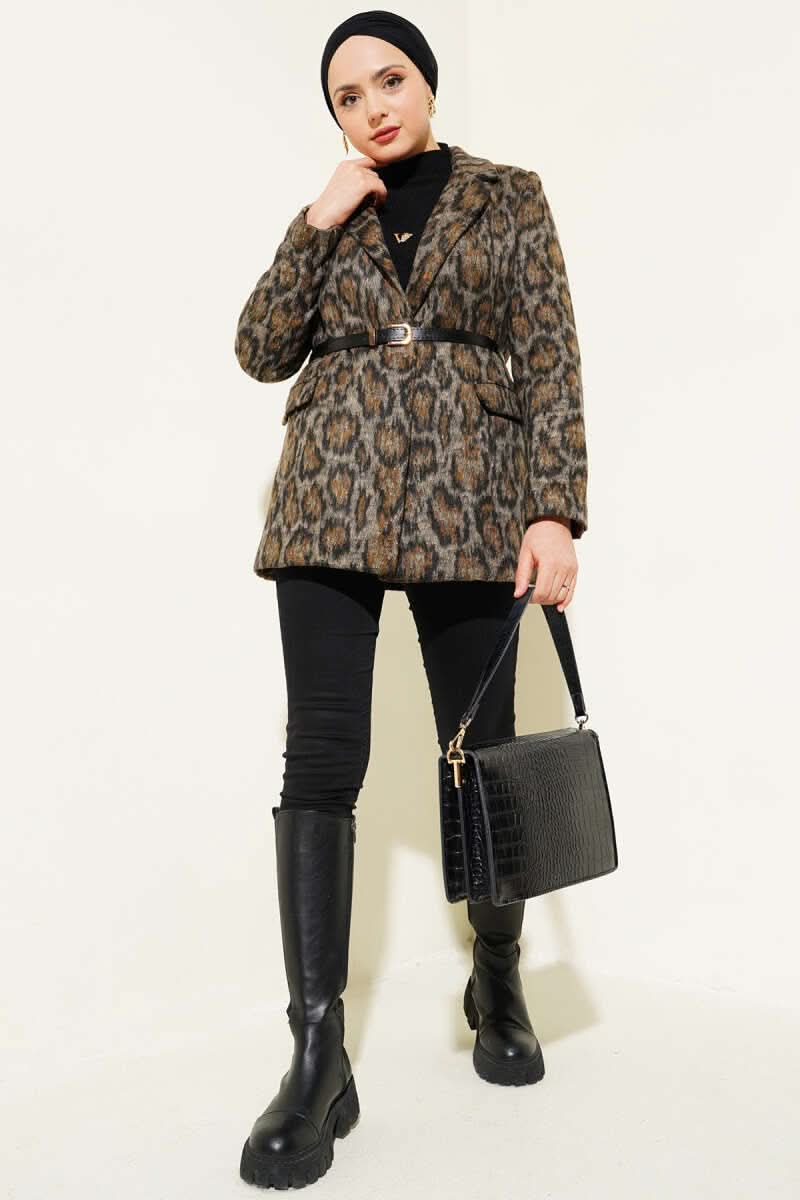 Leopar Desen Kemerli Blazer Ceket