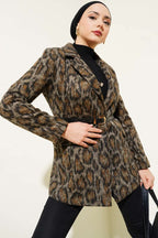 Leopar Desen Kemerli Blazer Ceket