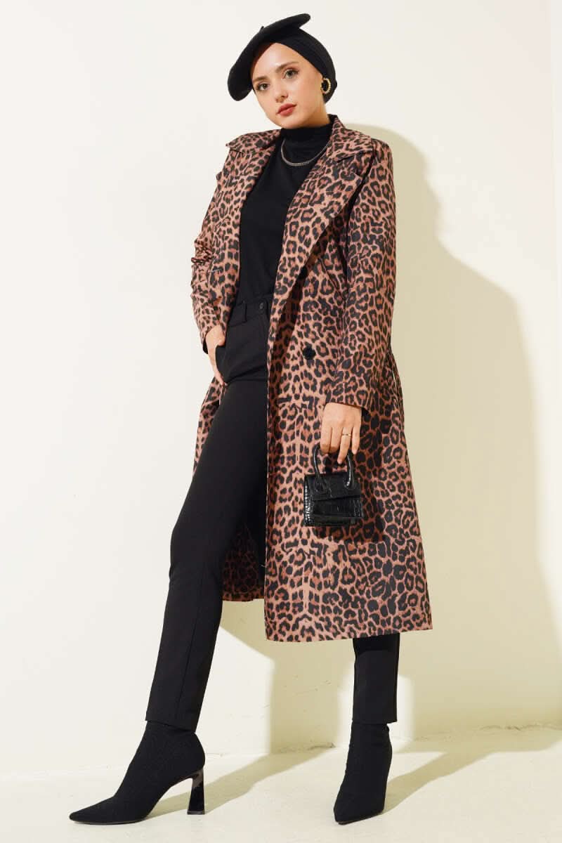 Leopar Desenli Kuşaklı Trençkot
