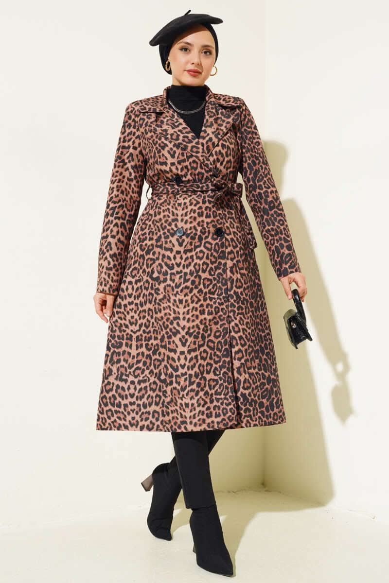 Leopar Desenli Kuşaklı Trençkot