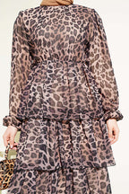 Leopar Desenli Şifon Kat Kat Elbise