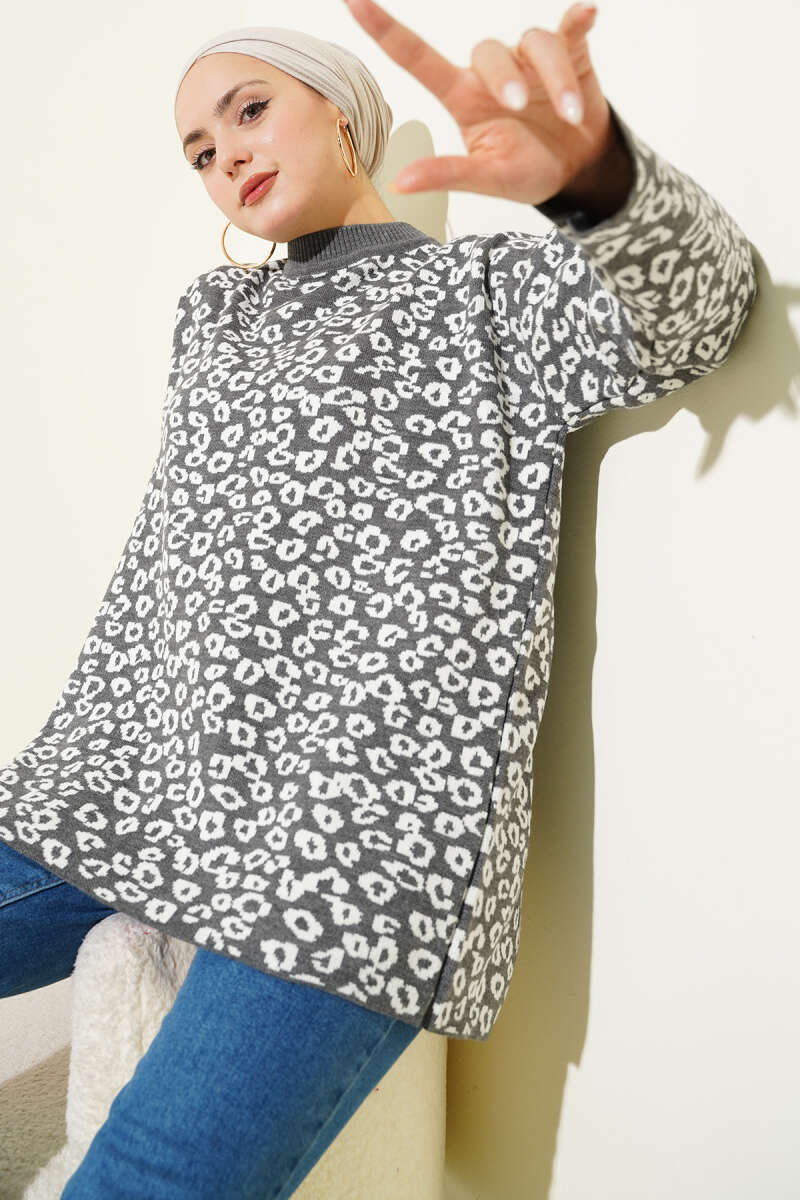 Leopar Desenli Triko Tunik Füme