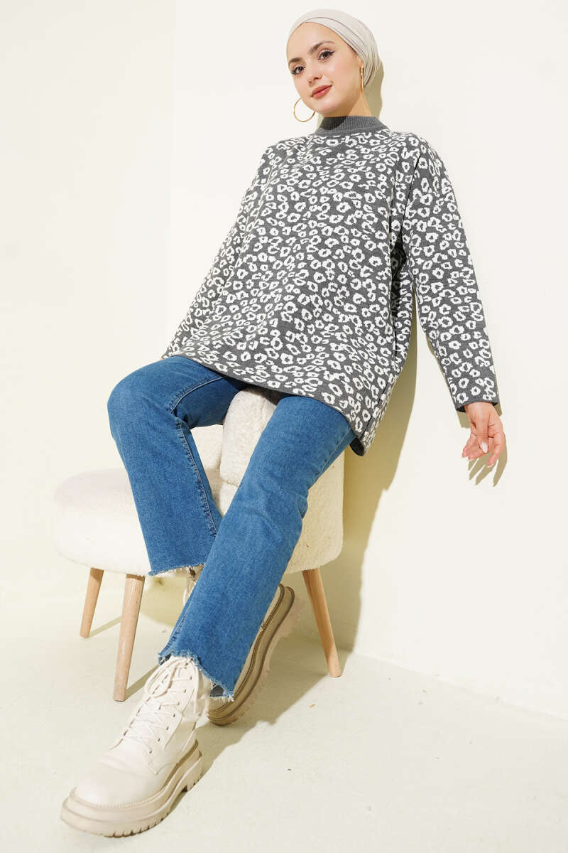 Leopar Desenli Triko Tunik Füme
