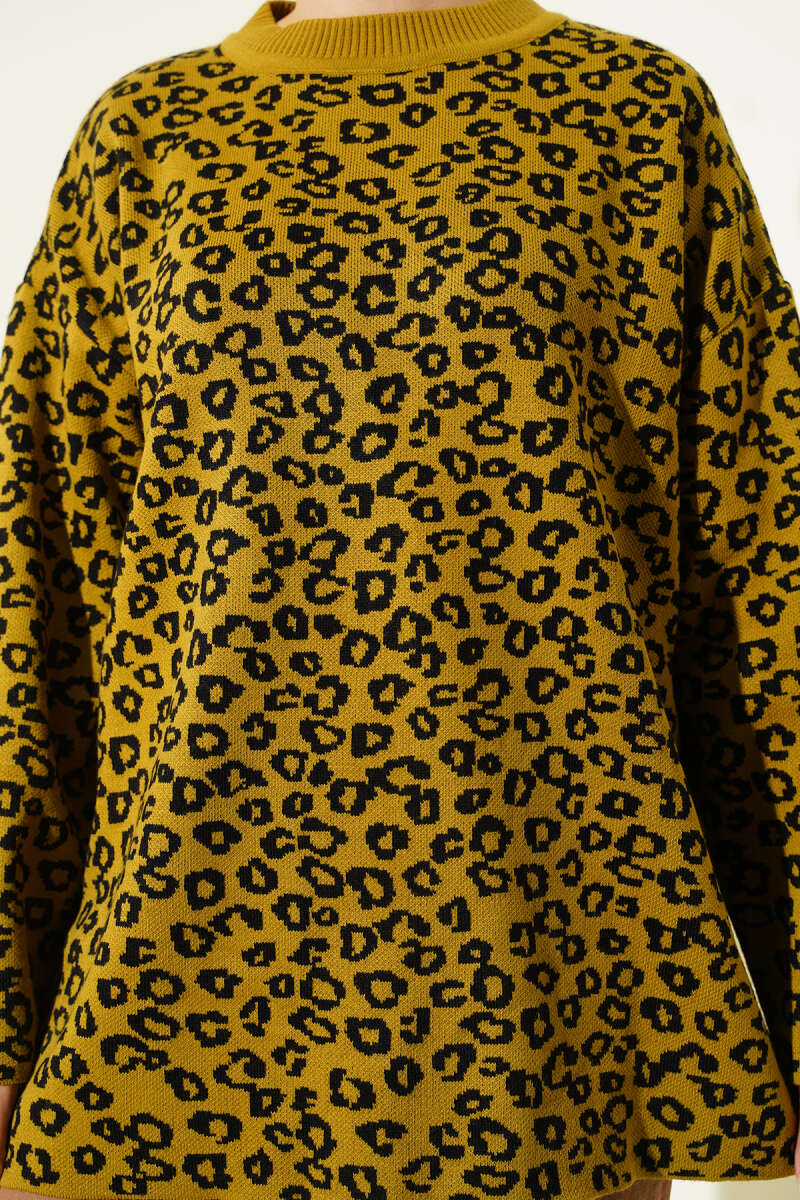 Leopar Desenli Triko Tunik Yağ Yeşili