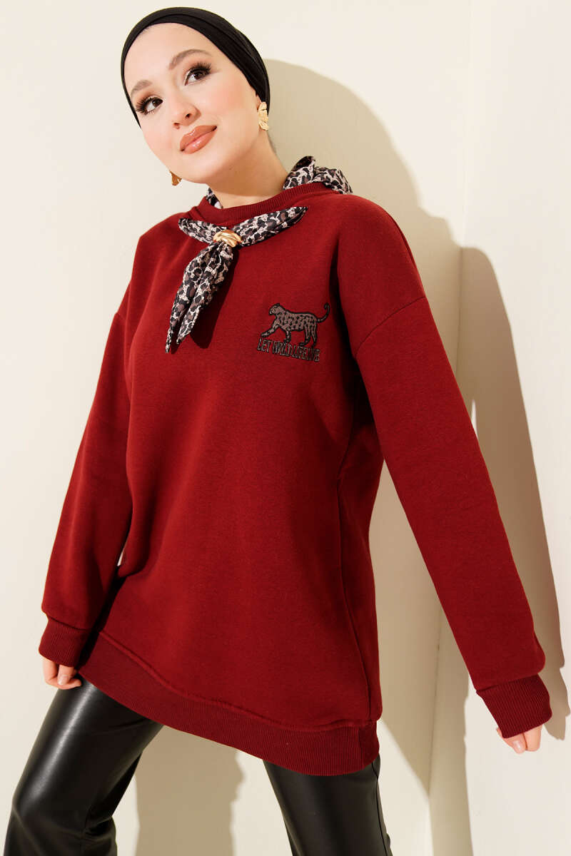 Leopar Fularlı Üç İplik Tunik