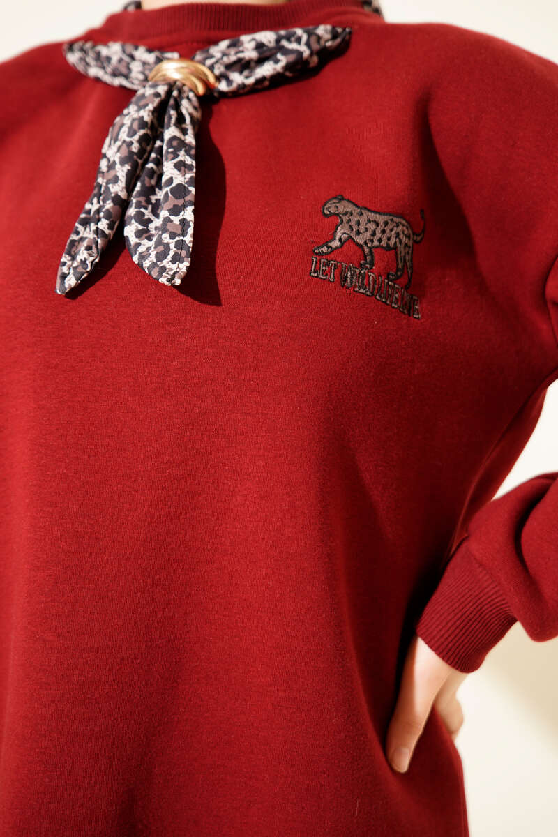 Leopar Fularlı Üç İplik Tunik