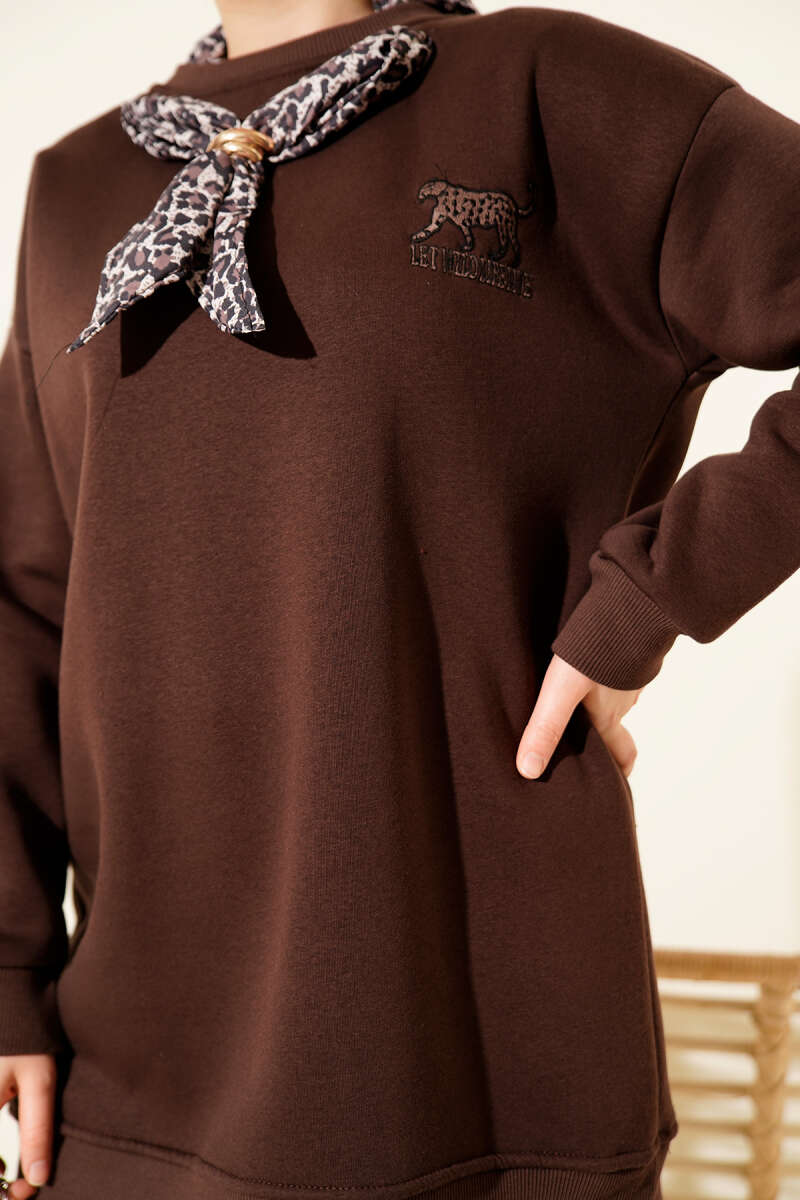 Leopar Fularlı Üç İplik Tunik