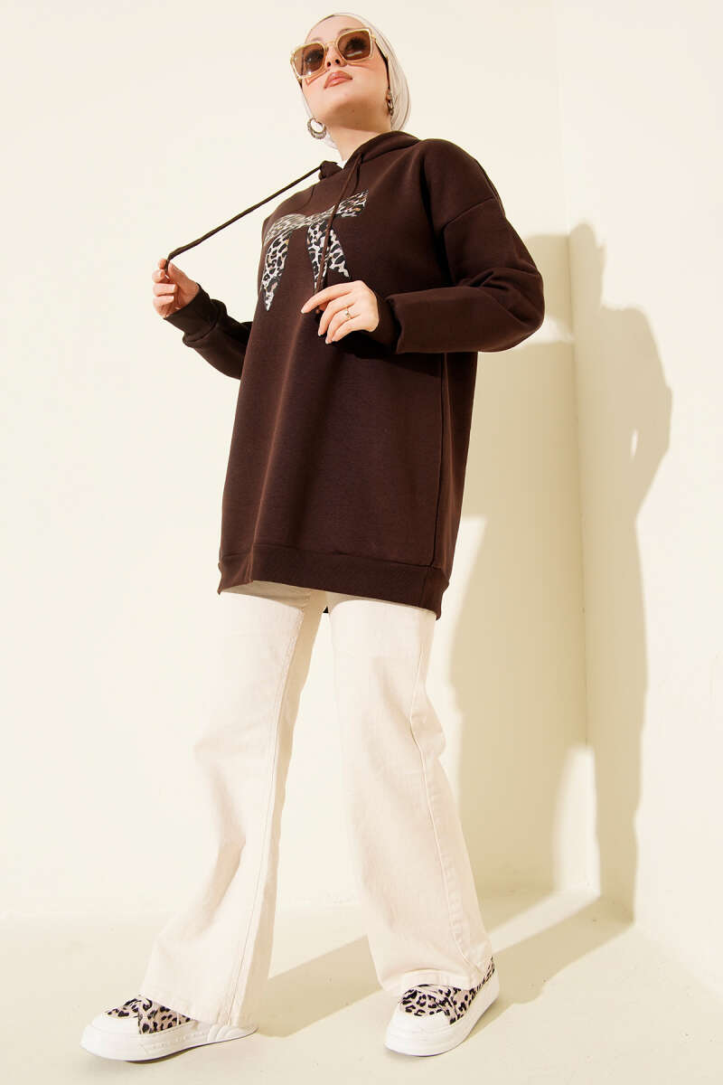 Leopar Kurdele Baskılı Üç İplik Sweatshirt