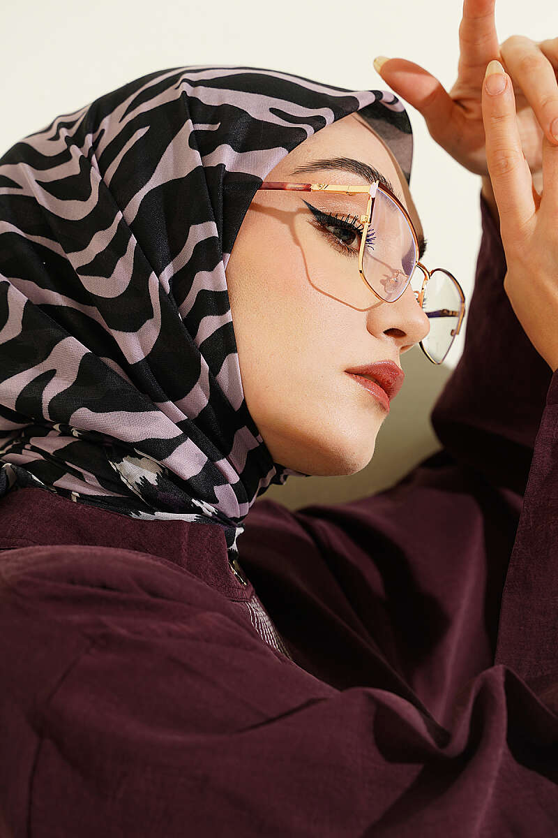 Leopar Şeritli Desenli Eşarp Lila