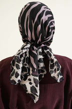 Leopar Şeritli Desenli Eşarp Lila