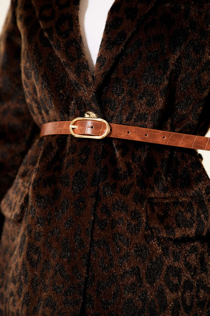 Leoparlı Kemerli Goldfox Ceket Acı Kahve