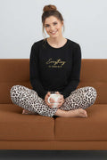 Leoparlı Yazılı Pijama Takımı Siyah