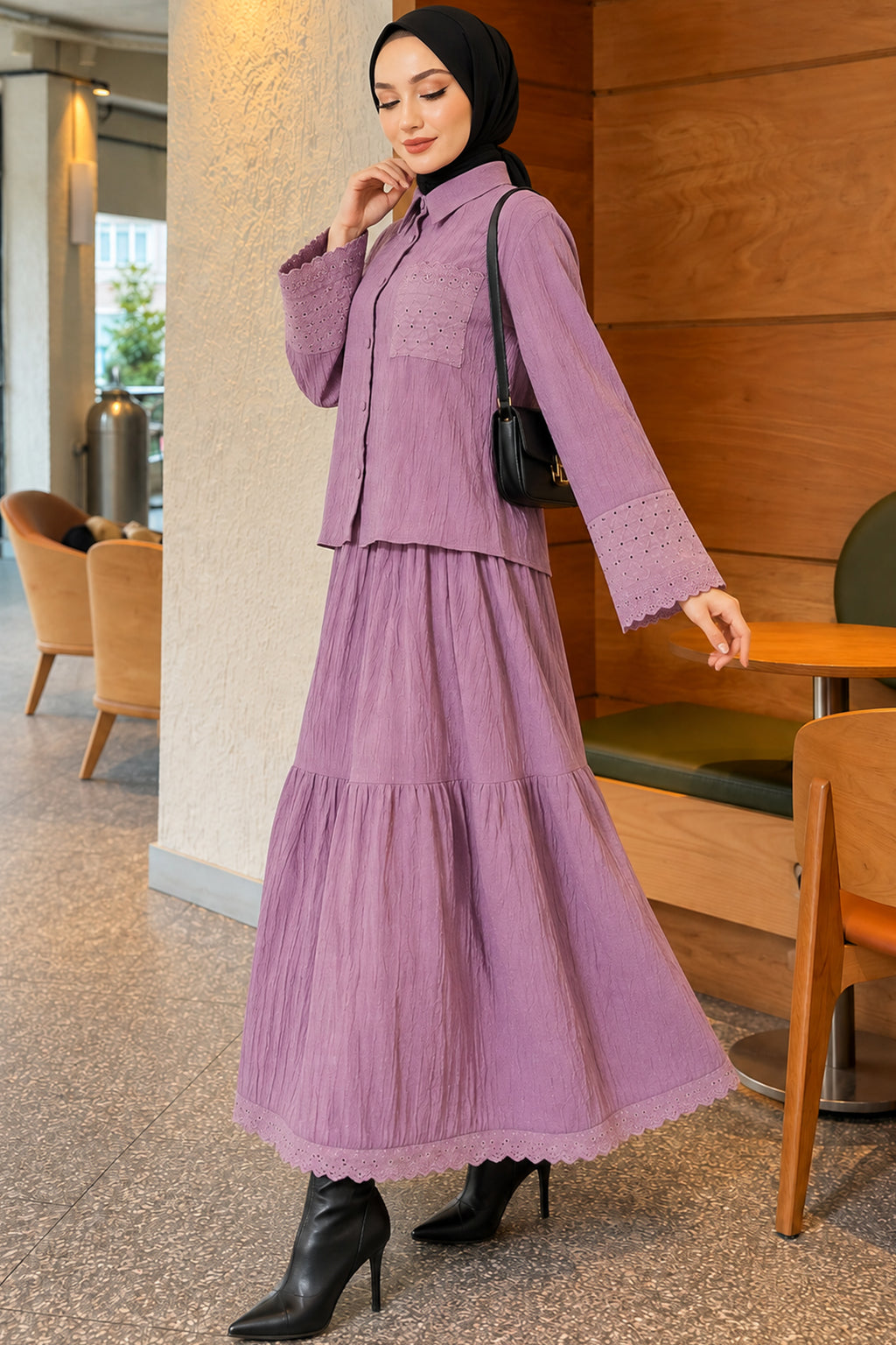 Crinkle Skirt Double Set with Pocket and Wrist Brodge
