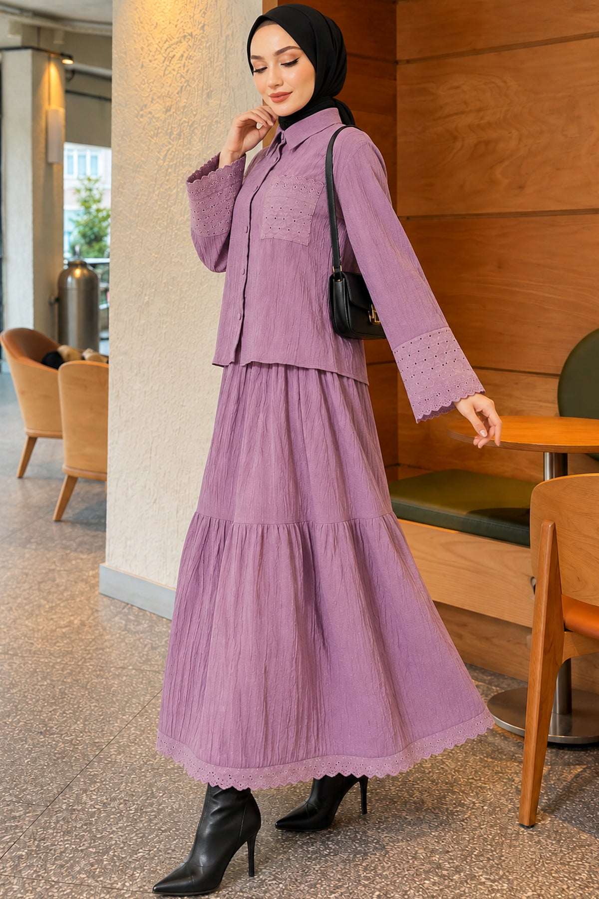 Crinkle Skirt Double Set with Pocket and Wrist Brodge