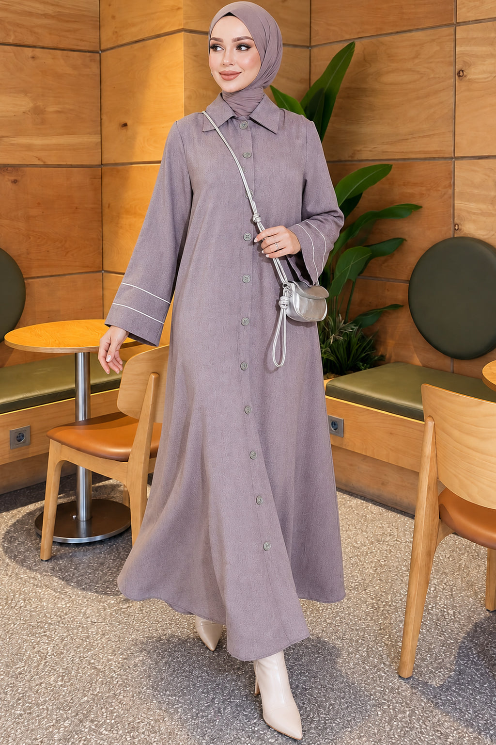 Full-Front Buttoned Abaya with Bias Trim on Sleeves Bordeaux