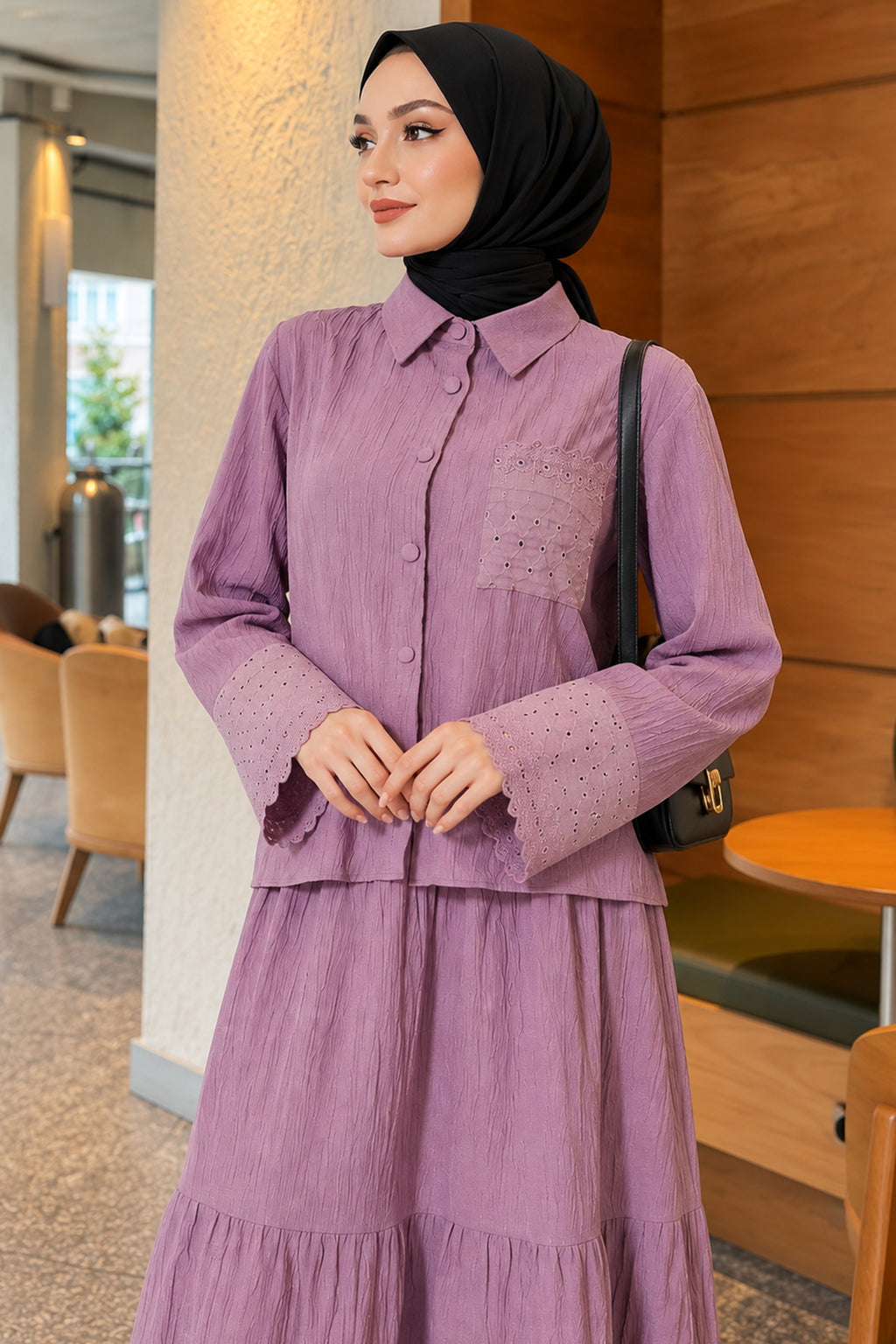 Crinkle Skirt Double Set with Pocket and Wrist Brodge