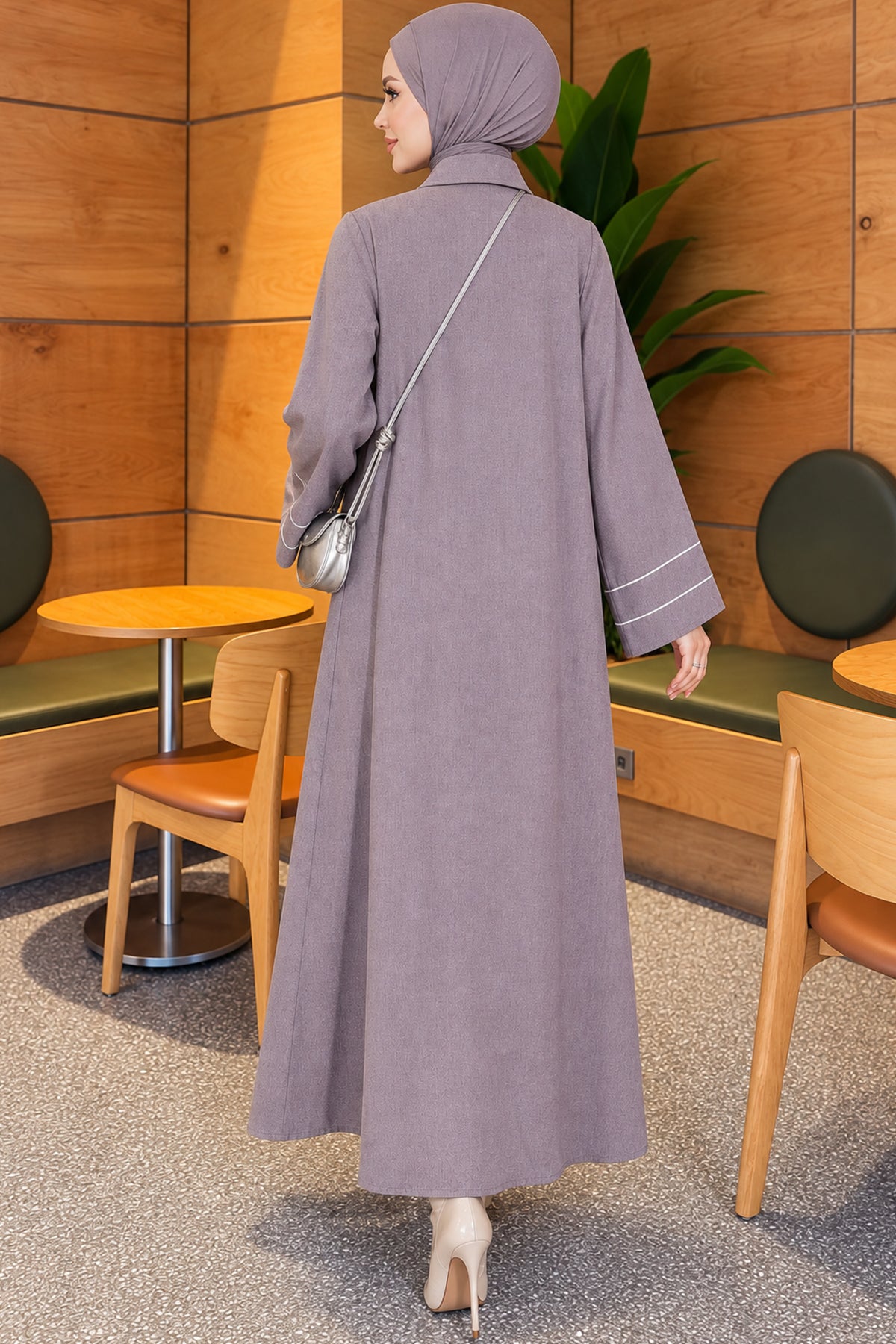 Full-Front Buttoned Abaya with Bias Trim on Sleeves Bordeaux