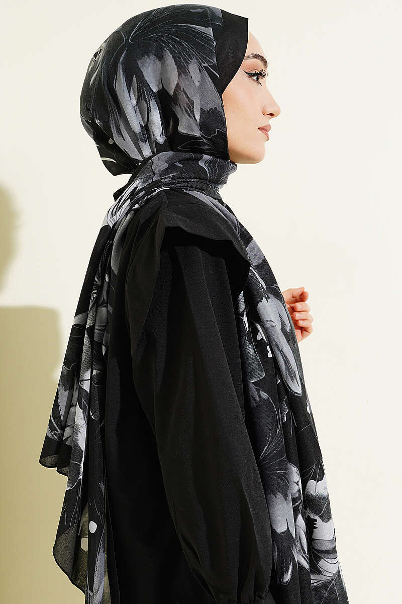 Lilyum Desenli Soft Şal Siyah