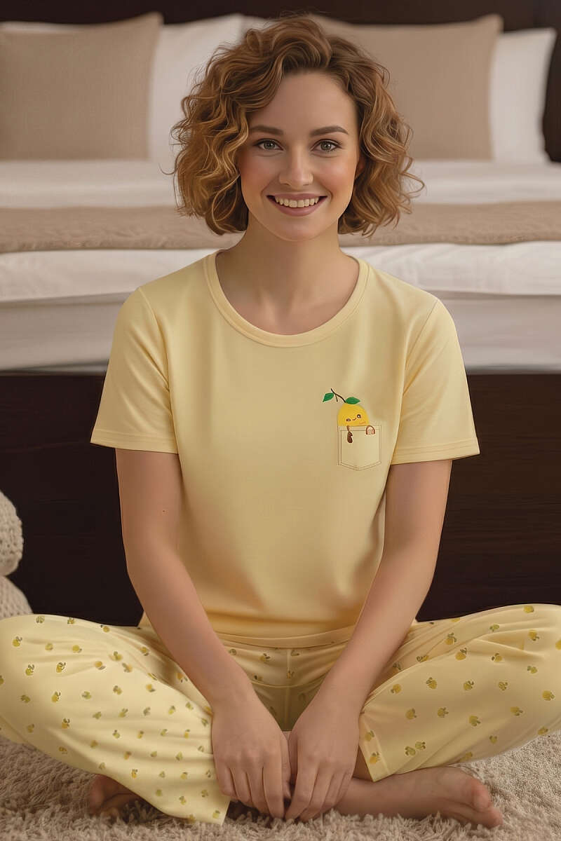 Limon Baskılı Bisiklet Yaka Pijama Takımı Sarı