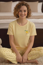 Limon Baskılı Bisiklet Yaka Pijama Takımı Sarı
