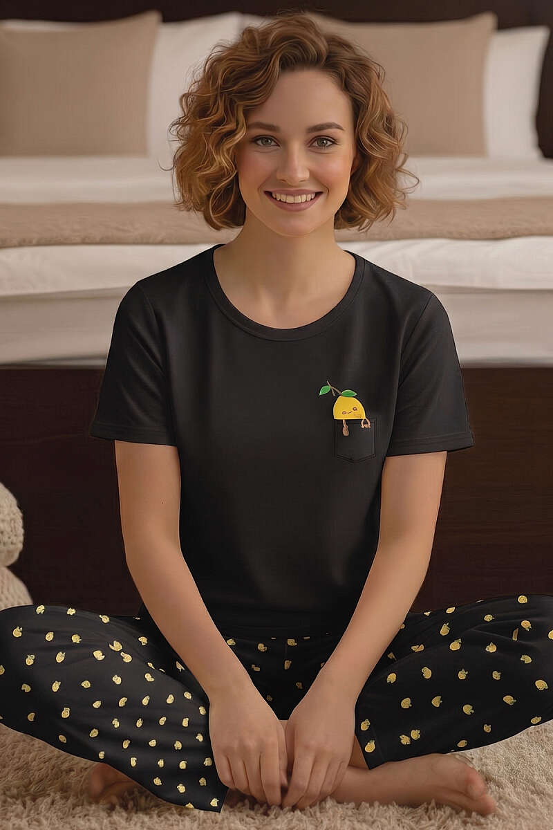 Limon Baskılı Bisiklet Yaka Pijama Takımı Siyah