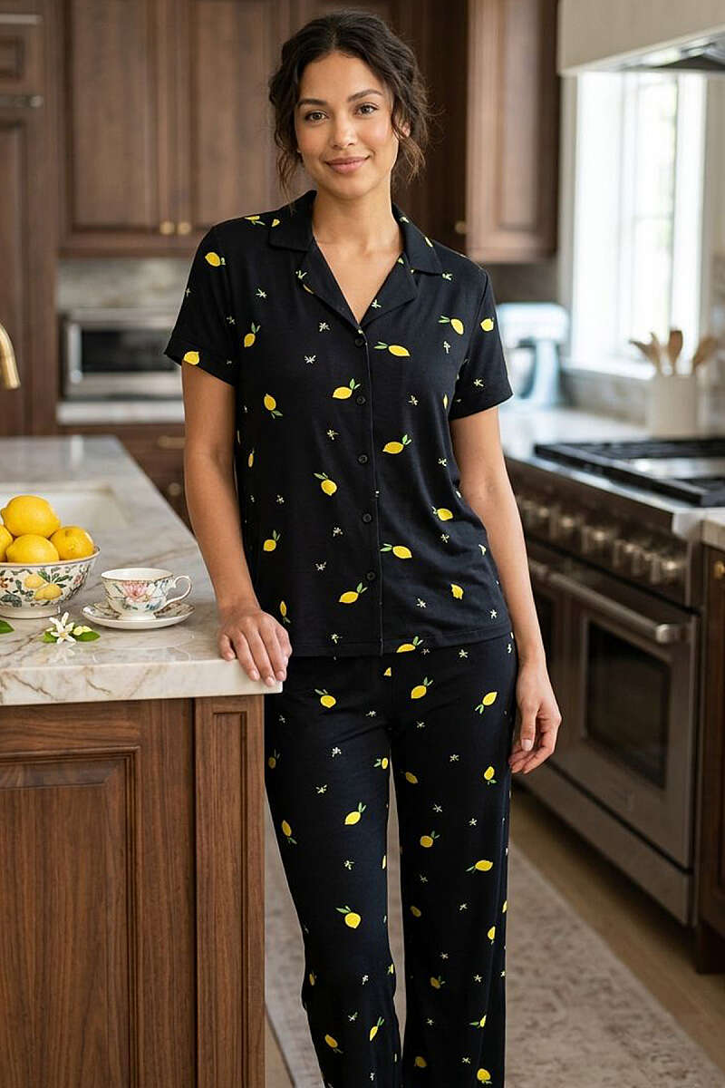 Limon Desenli Kısa Kol Düğmeli Pijama Takım Siyah