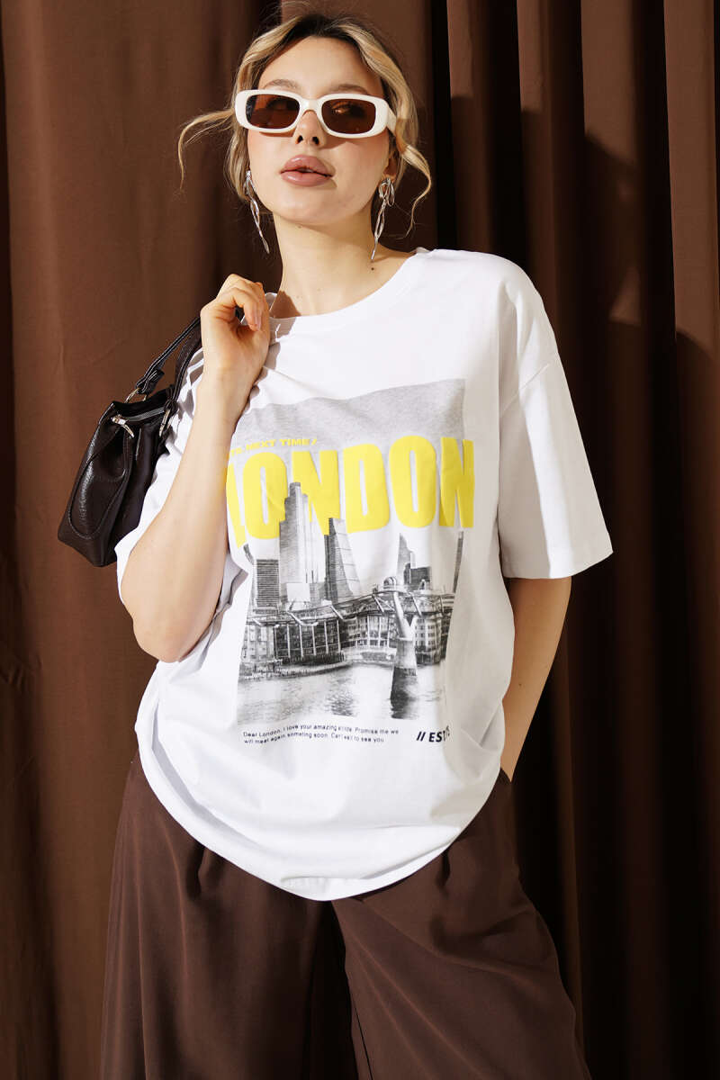 London Baskılı Oversize T-shirt