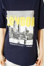 London Baskılı Oversize T-shirt Lacivert