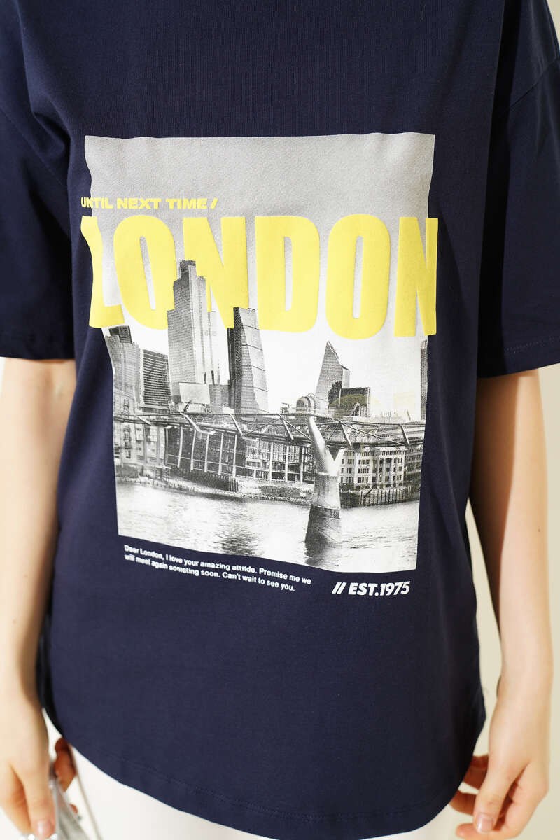 London Baskılı Oversize T-shirt Lacivert