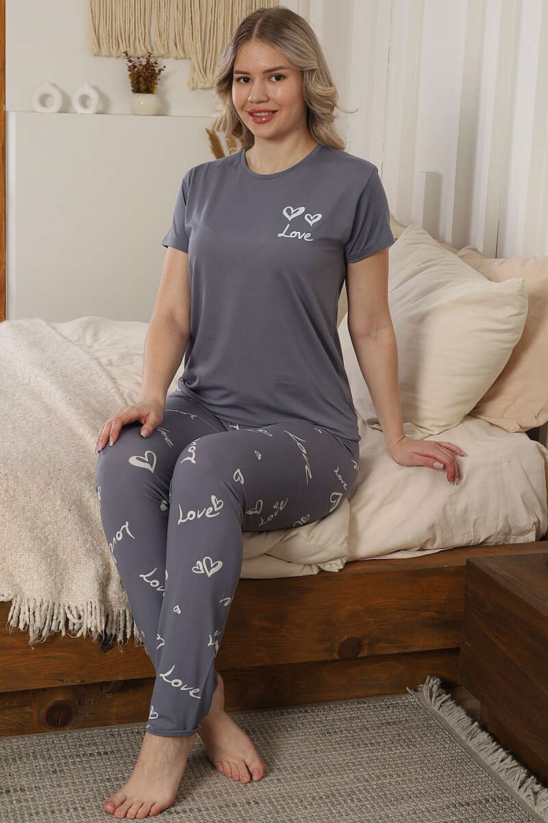 Love Baskı Detaylı Kısa Kol Pijama Takımı Kayrak Grisi