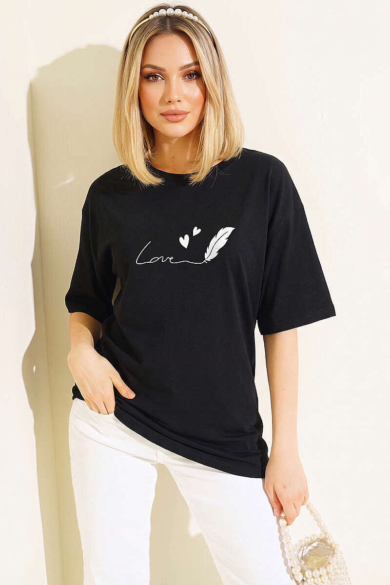 Love Baskılı T-shirt Siyah