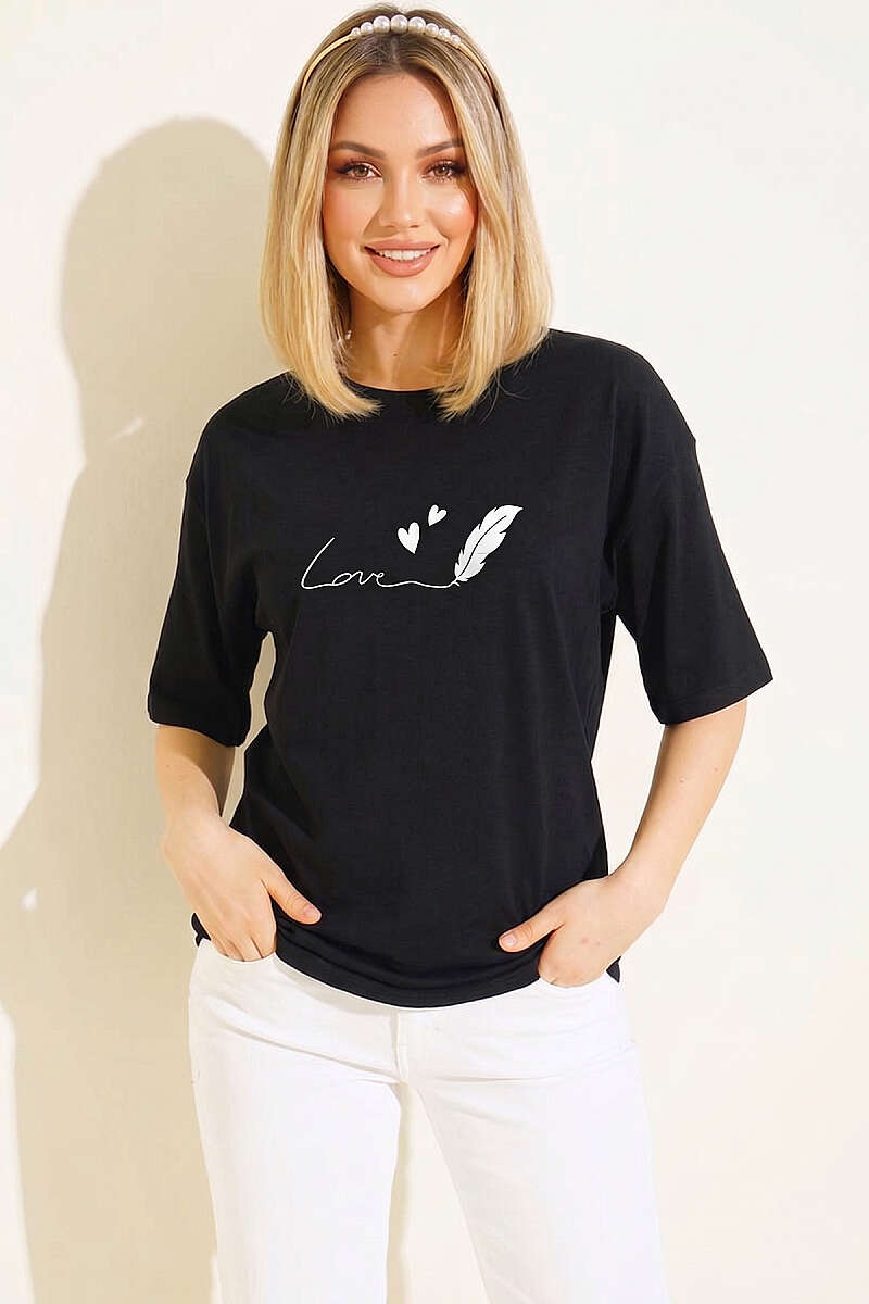 Love Baskılı T-shirt Siyah