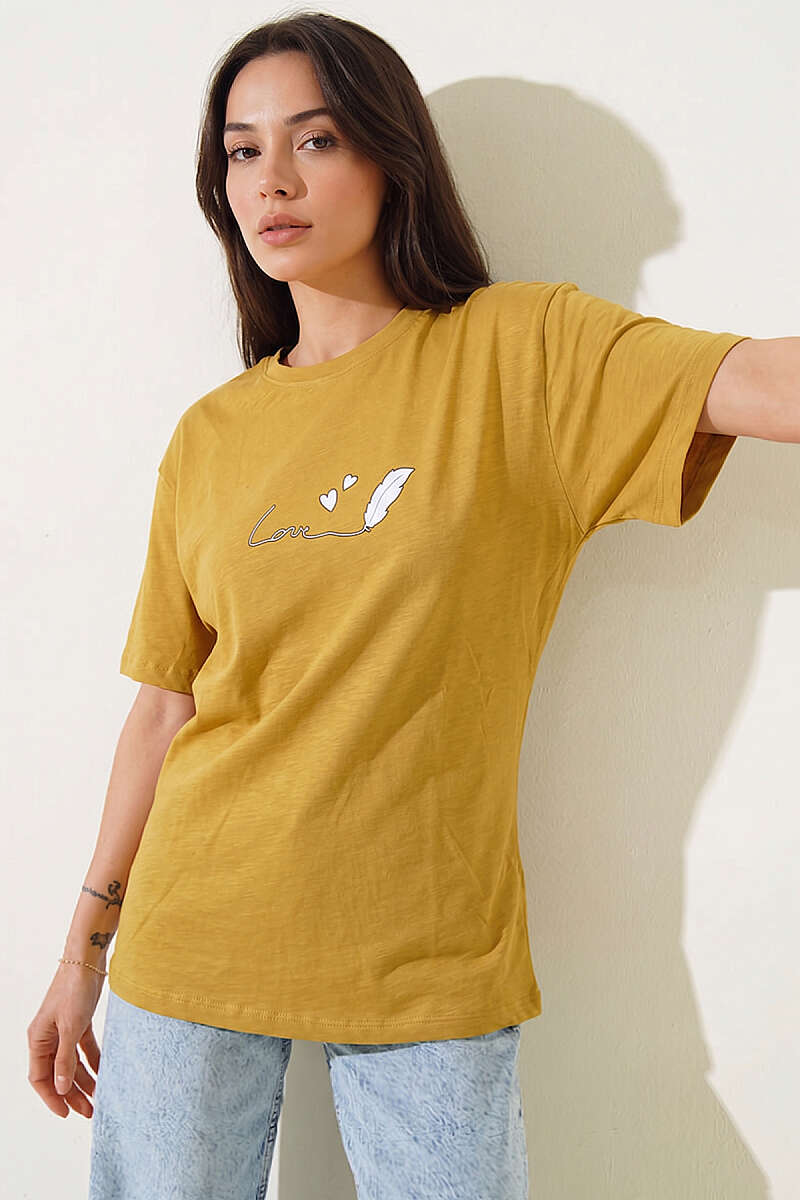 Love Baskılı T-shirt Yağ Yeşili